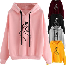 Load image into Gallery viewer, Women Hoodies Casual Kpop Finger Heart Love Pattern Hooded Sweatshirts Fashion Drawstring Long Sleeve Female Pullovers Plus Size