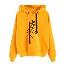 Load image into Gallery viewer, Women Hoodies Casual Kpop Finger Heart Love Pattern Hooded Sweatshirts Fashion Drawstring Long Sleeve Female Pullovers Plus Size